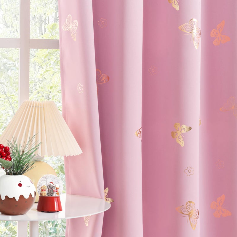 Jubilantex Rose Pink Metallic Butterfly Blackout Curtains 95"" Long for Girls Bedroom Living Room Nursery Window Curtains with Black Layer Grommet Top - Image 2