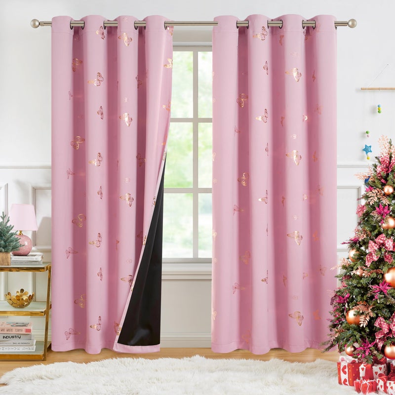 Jubilantex Rose Pink Metallic Butterfly Blackout Curtains 95"" Long for Girls Bedroom Living Room Nursery Window Curtains with Black Layer Grommet Top - Image 1