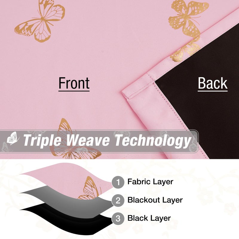 Jubilantex Rose Pink Metallic Butterfly Blackout Curtains 95"" Long for Girls Bedroom Living Room Nursery Window Curtains with Black Layer Grommet Top - Image 3