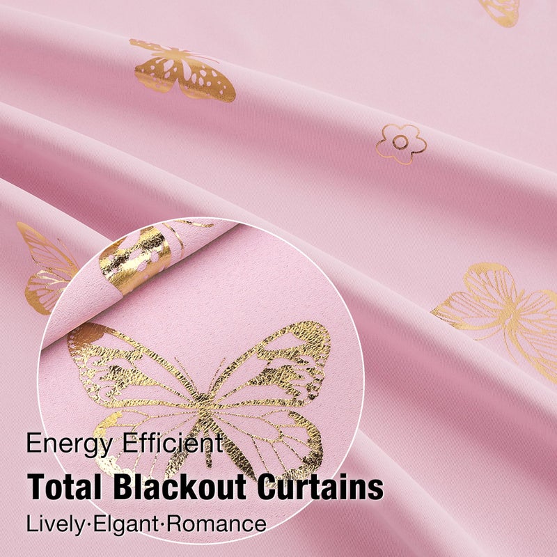 Jubilantex Rose Pink Metallic Butterfly Blackout Curtains 95"" Long for Girls Bedroom Living Room Nursery Window Curtains with Black Layer Grommet Top - Image 5