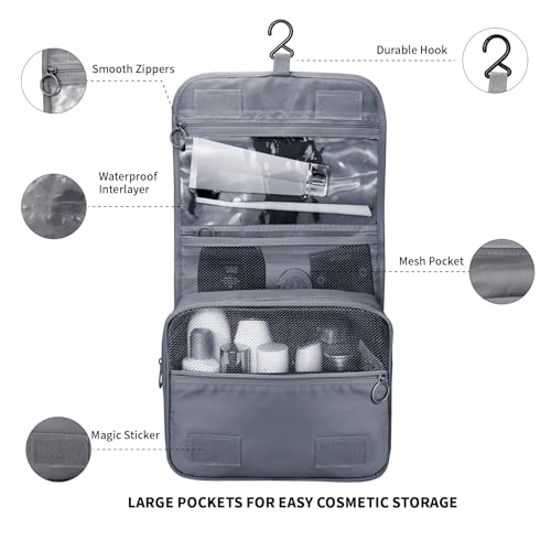Lcsmaokin Large Capacity Toiletry Bag Travel Bag with Hanging Hook for Men and Women Waterproof Travel Cosmetic Bag Bathroom Storage Bag for Brushes Set,Mens Bathroom Bag Accessories-Grey - Image 3