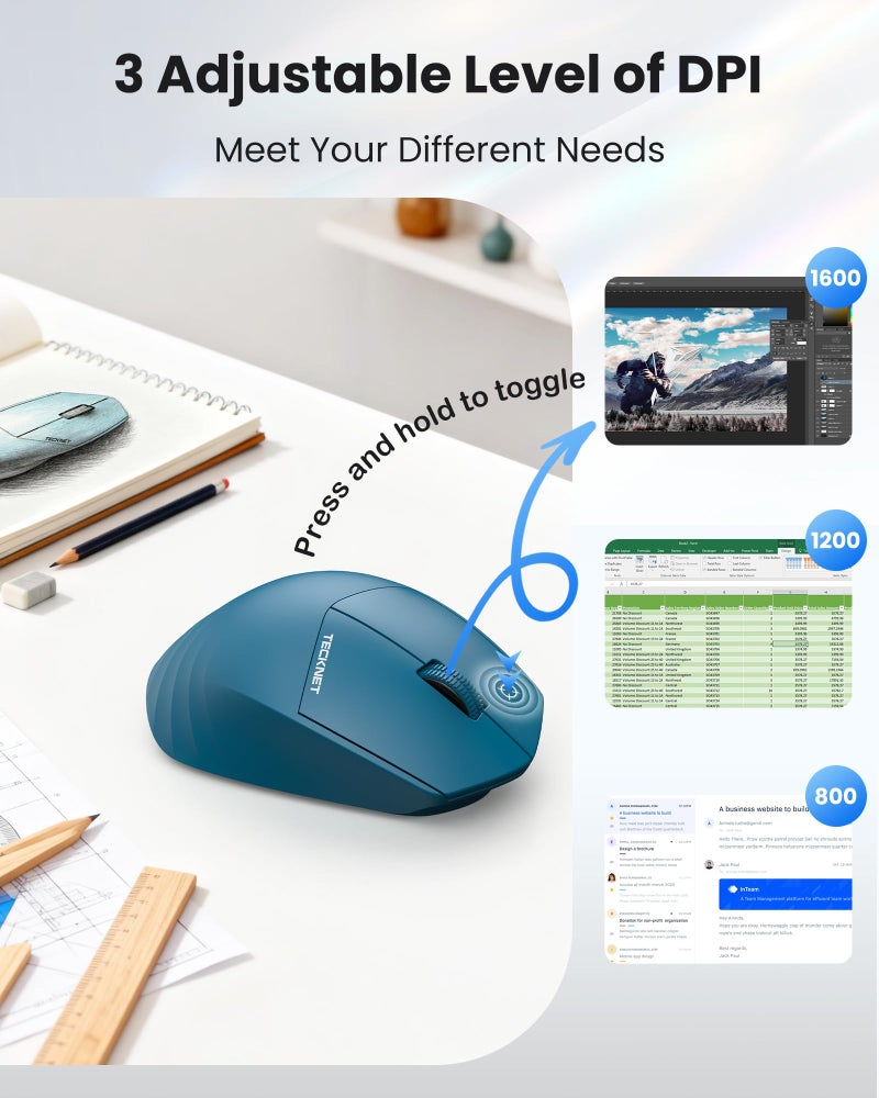 TECKNET Wireless Mouse, 2.4GHz Computer Mouse, 3 Adjustable DPI Silent Mouse with USB A Receiver, 3 Buttons, 1600 DPI, 6 Months Battery Life, Ergonomic Wireless Mouse for Laptop, PC, Mac, Desktop-Blue - Image 3
