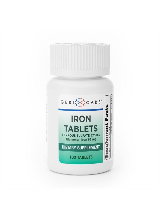 GeriCare Iron Tablets, Ferrous Sulfate Tablets 325mg, Elemental Iron 65 mg Dietary supplement (100 Tablets) - Image 1