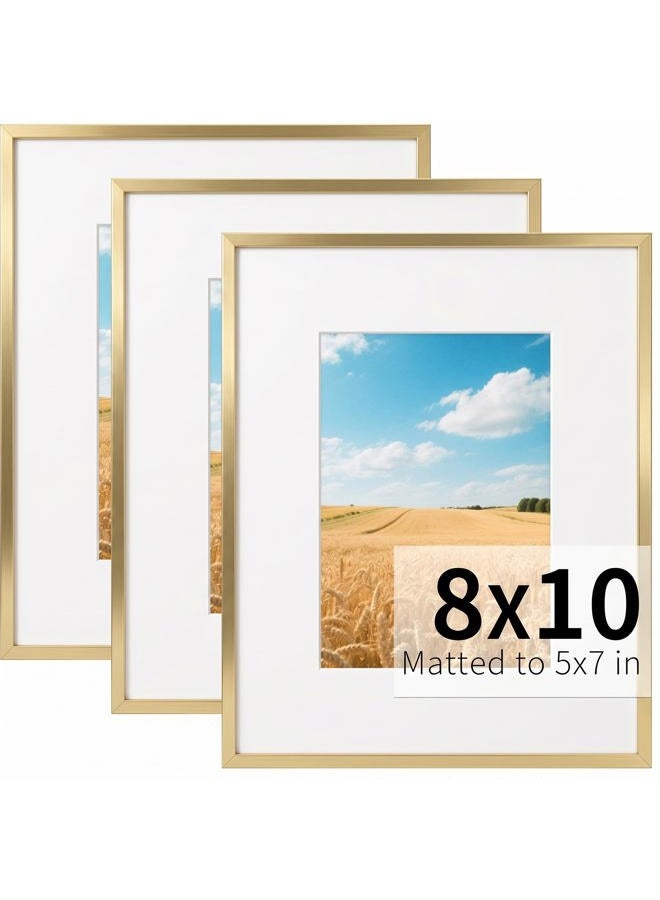 zlg Golden 8x10 Frame, Premium 8x10 Metal Frame Matted to 5x7, Picture Frame, High Definition Plexiglass, Wall Hook Included, Set of 3 - Image 1