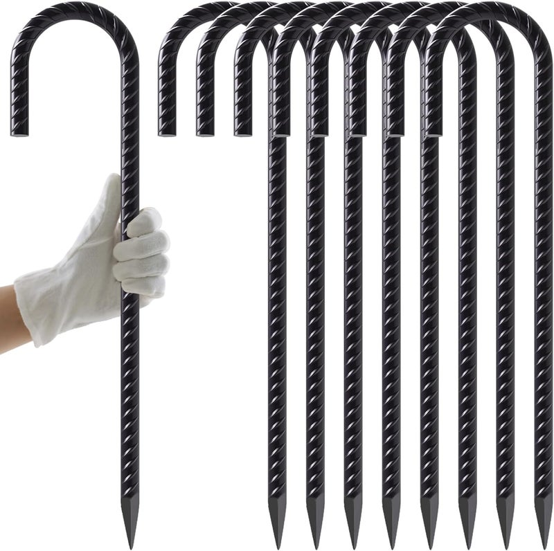 AAGUT Rebar Stakes 16 Inch J Hook Heavy Duty 8 Pack, 3/8 Inch Black Coated Metal Steel Ground Anchors Chain Link Fence Stakes for Camping Tent, Inflatables, Yard Decorations, Canopies & Swing Sets - Image 1