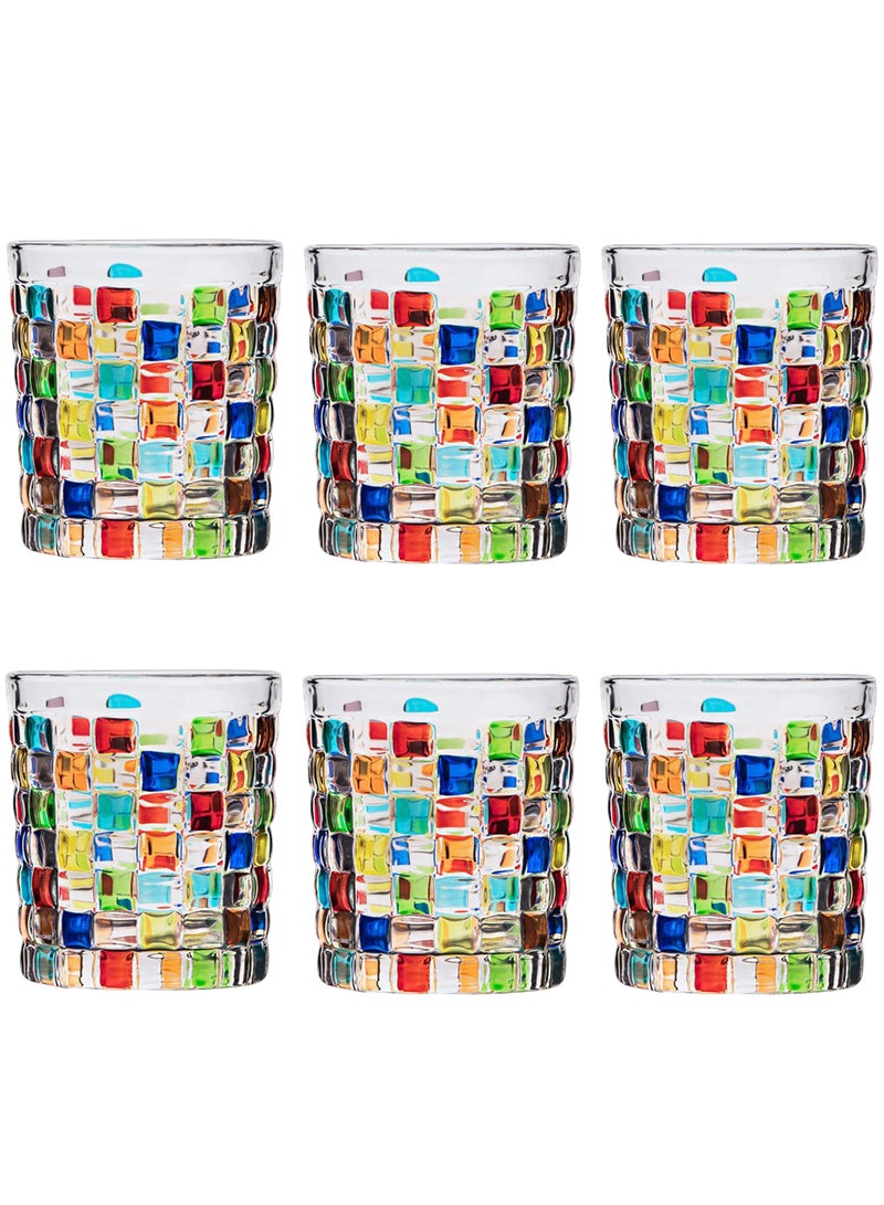 عبوة من 6 أكواب زجاجية من البورسليكات عالية الجودة، سعة 280 مل، بتصميم فسيفسائي ملون، أنيقة ومتينة للمشروبات - Image 1