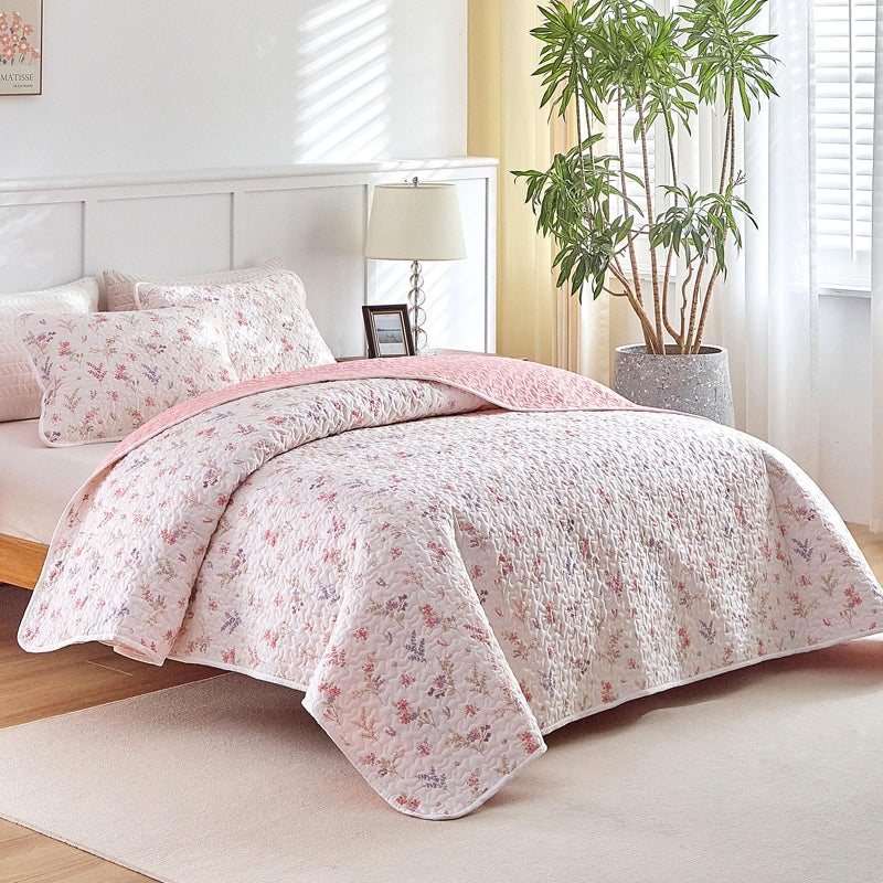Joyreap 2pcs Cotton Quilt Set for Girls, Twin Size Pink Flowers Floral Design, Cozy Lightweight Quilt Bedspread Bed Cover for All Season, 1 Quilt and 1 Pillow Sham- 68x86 inches - Image 2