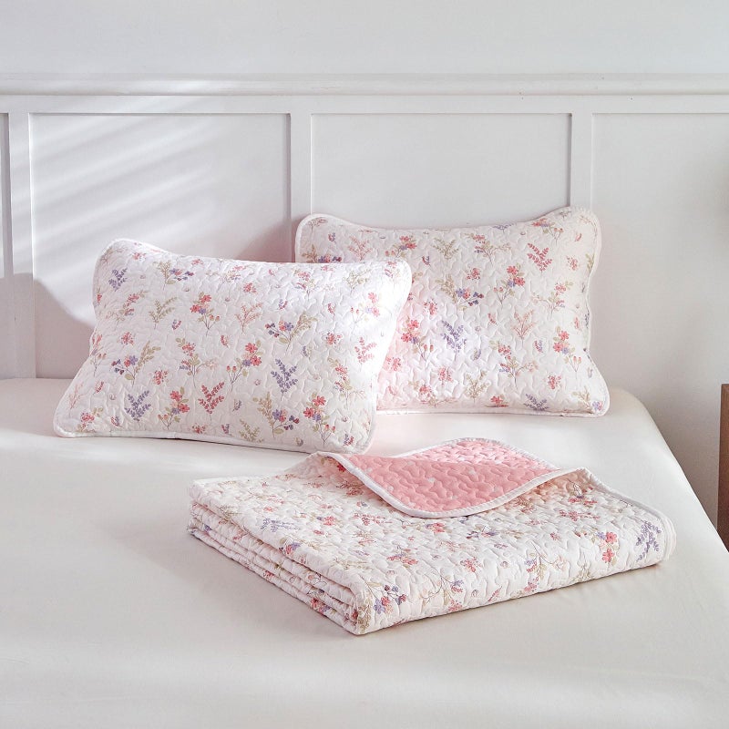 Joyreap 2pcs Cotton Quilt Set for Girls, Twin Size Pink Flowers Floral Design, Cozy Lightweight Quilt Bedspread Bed Cover for All Season, 1 Quilt and 1 Pillow Sham- 68x86 inches - Image 5