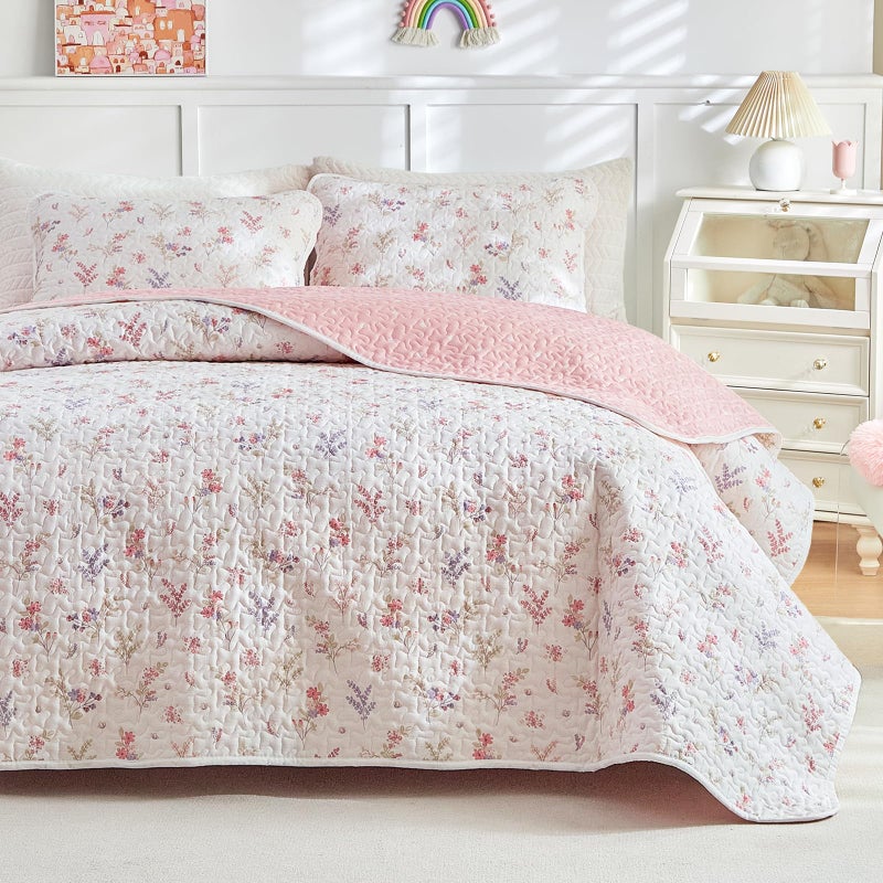 Joyreap 2pcs Cotton Quilt Set for Girls, Twin Size Pink Flowers Floral Design, Cozy Lightweight Quilt Bedspread Bed Cover for All Season, 1 Quilt and 1 Pillow Sham- 68x86 inches - Image 3