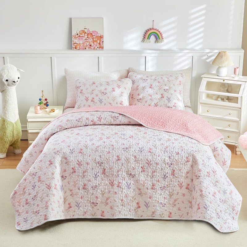 Joyreap 2pcs Cotton Quilt Set for Girls, Twin Size Pink Flowers Floral Design, Cozy Lightweight Quilt Bedspread Bed Cover for All Season, 1 Quilt and 1 Pillow Sham- 68x86 inches - Image 1