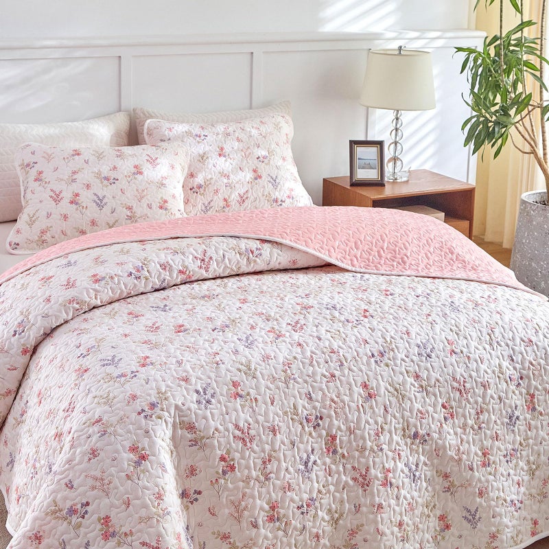 Joyreap 2pcs Cotton Quilt Set for Girls, Twin Size Pink Flowers Floral Design, Cozy Lightweight Quilt Bedspread Bed Cover for All Season, 1 Quilt and 1 Pillow Sham- 68x86 inches - Image 4