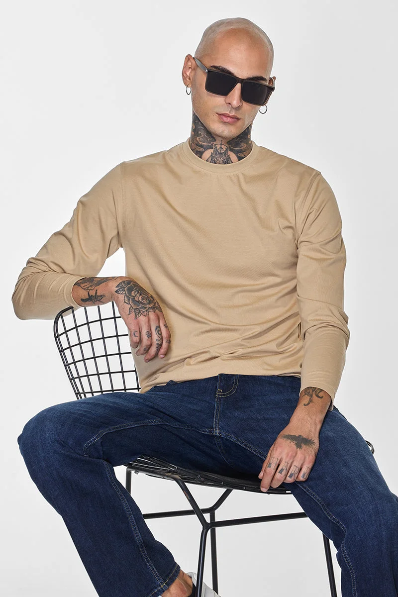 SNITCH Core Lab Light Brown Solid Slim Fit T-Shirt