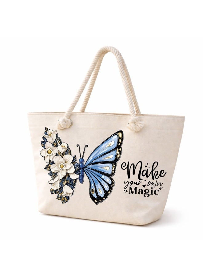 We Print, Your Gift Butterfly Motivational Beach Tote Bag for Women - Heavy Cotton Fabric - Gold Zipper - Inner Pocket - Lined Interior - Shoulder Bag for Beach Travel Work - 47 x 37 cm - Image 1