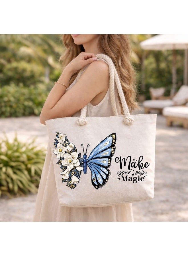 We Print, Your Gift Butterfly Motivational Beach Tote Bag for Women - Heavy Cotton Fabric - Gold Zipper - Inner Pocket - Lined Interior - Shoulder Bag for Beach Travel Work - 47 x 37 cm - Image 2