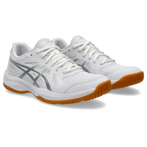 asics أحذية الكرة الطائرة النسائية ASICS Upcourt 6، 9، أبيض/فضي نقي - Image 2