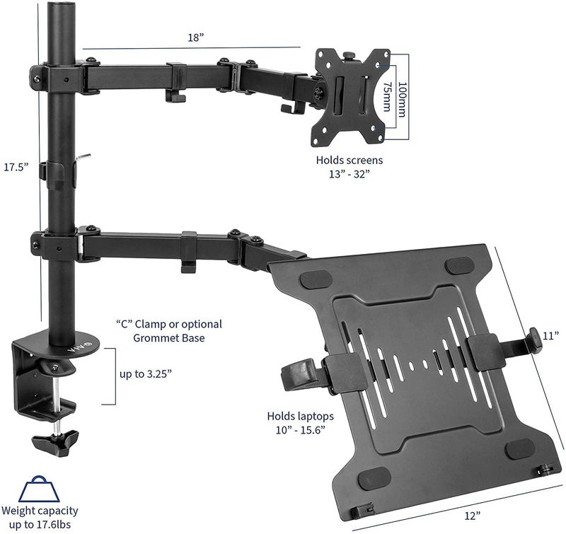 Gadget Wagon Dual Monitor Arm Stand Adjustable Mount Laptop Stand Desk Mount LDT12-C1M2KN - Image 4