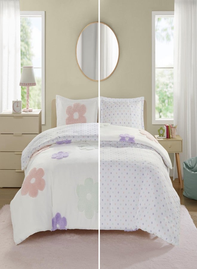 Intelligent Design Kids Full Duvet Cover Set for Girls, Tufted Chenille Floral Duvet Set Queen, Lightweight Polka Dot Reversible Bedding Cover, Gracie, Full/Queen White/Purple 4 Piece - Image 2