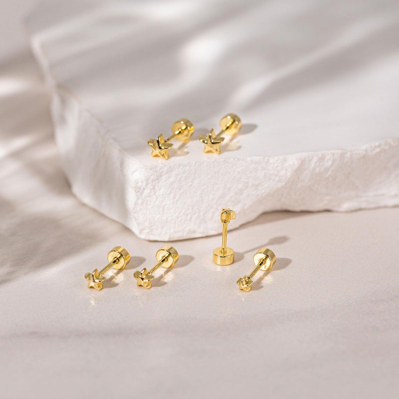 VRIUA Hypoallergenic Flat Back Earrings for Women - 14K Gold Plated Small Star Flat Back Stud Earrings Cartilage Helix Piercing Jewelry - Image 5