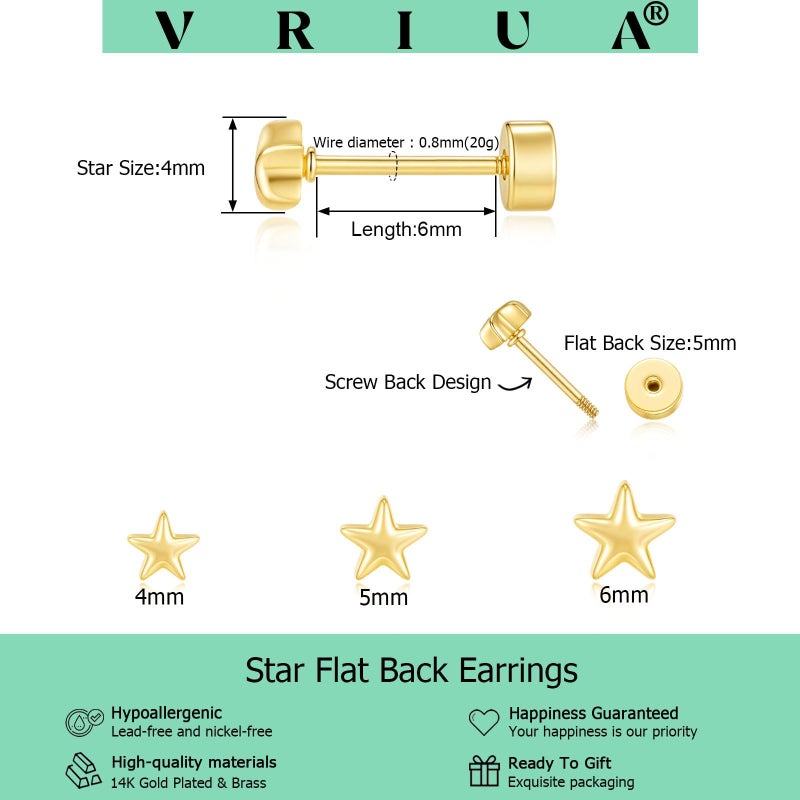 VRIUA Hypoallergenic Flat Back Earrings for Women - 14K Gold Plated Small Star Flat Back Stud Earrings Cartilage Helix Piercing Jewelry - Image 4