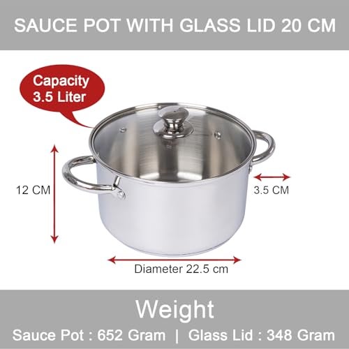 TOPSYTURVY Stainless Steel Induction Bottom Dutch Oven 20 cm 3.5 litres with Tempered Glass Lid | Saucepot for Cooking, Boiling, Curry, Pasta & Everyday Kitchen Use | Induction & Gas Stove Compatible - Image 4