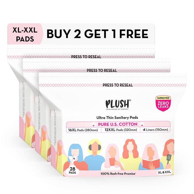 Plush Ultra-Thin Sanitary Napkins for Women 28 Pcs (Pack of 3)| B2G1 Supersaver Combo of 84 Pads | 48 XL, 36 XXL Rash-Free Pads & 12 Pantyliner | Resealable Packaging | No Toxic-Chemicals or Fragrance - Image 2