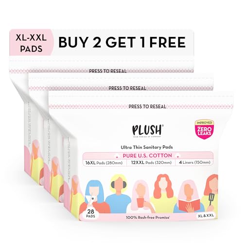 Plush Ultra-Thin Sanitary Napkins for Women 28 Pcs (Pack of 3)| B2G1 Supersaver Combo of 84 Pads | 48 XL, 36 XXL Rash-Free Pads & 12 Pantyliner | Resealable Packaging | No Toxic-Chemicals or Fragrance - Image 1