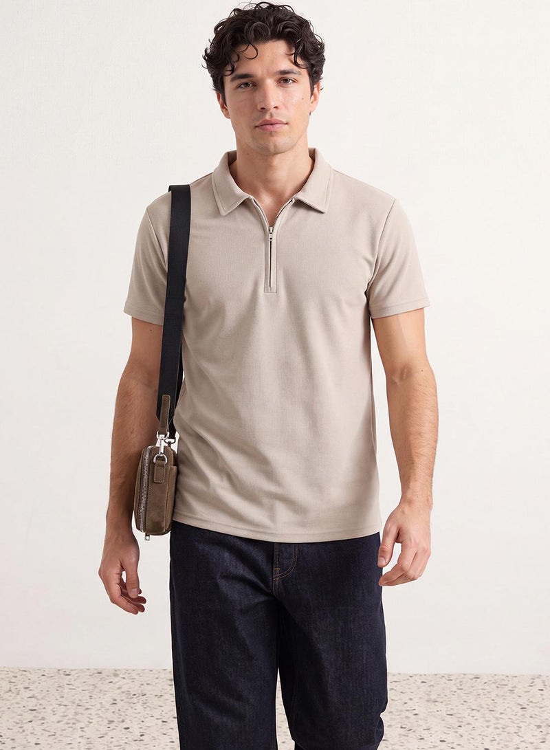 trendyol Limited Edition Stone Regular/Normal Cut Pique Zippered Polo Neck T-Shirt - Image 1