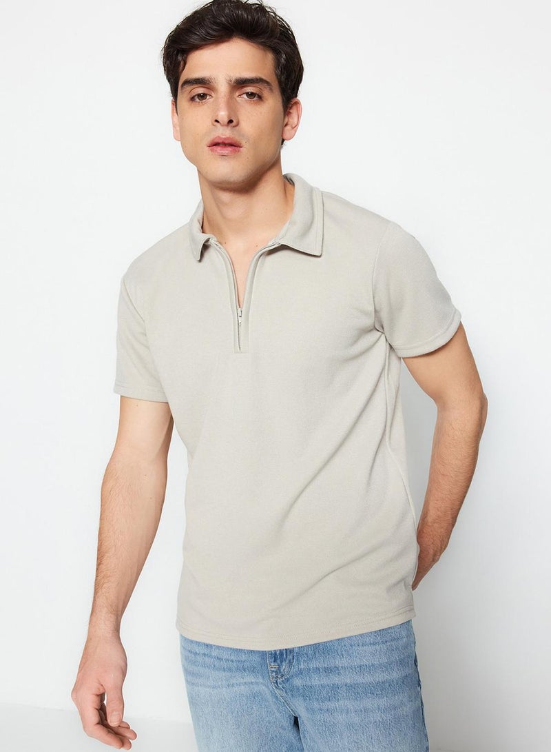 trendyol Limited Edition Stone Regular/Normal Cut Pique Zippered Polo Neck T-Shirt - Image 5