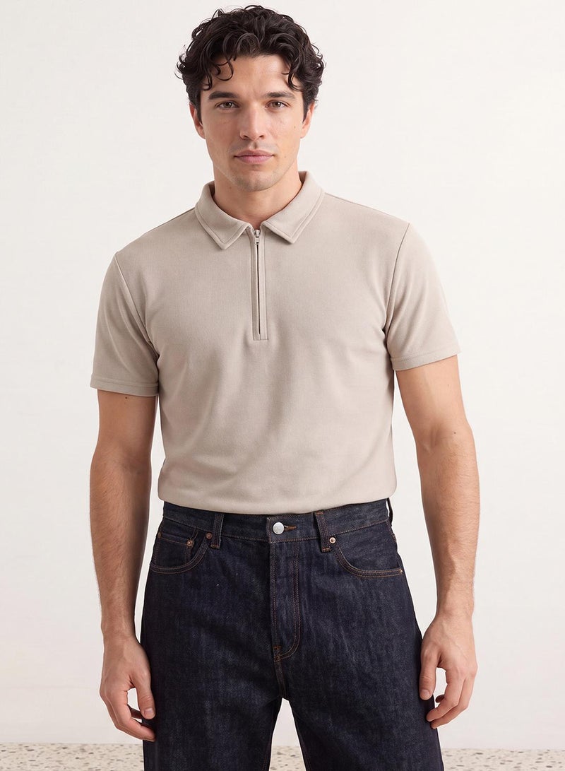 trendyol Limited Edition Stone Regular/Normal Cut Pique Zippered Polo Neck T-Shirt - Image 2
