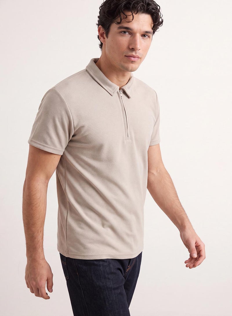 trendyol Limited Edition Stone Regular/Normal Cut Pique Zippered Polo Neck T-Shirt - Image 4