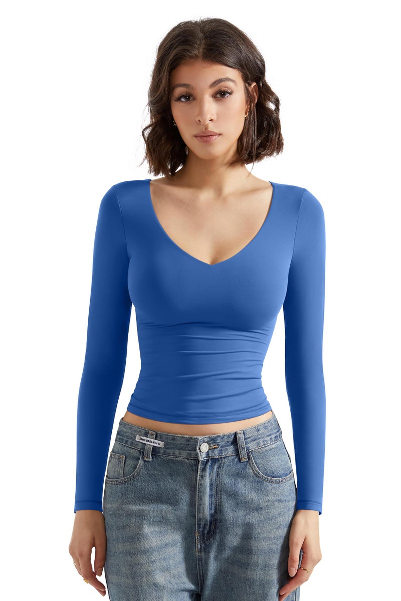 SUUKSESS Women Double Lined V Neck Going Out Crop Long Sleeve Tank Top Casual Fitted Slim Trendy Cute Basic Y2k Outfit Tops Shirts Fall Winter 2025(Sapphire,M) - Image 2
