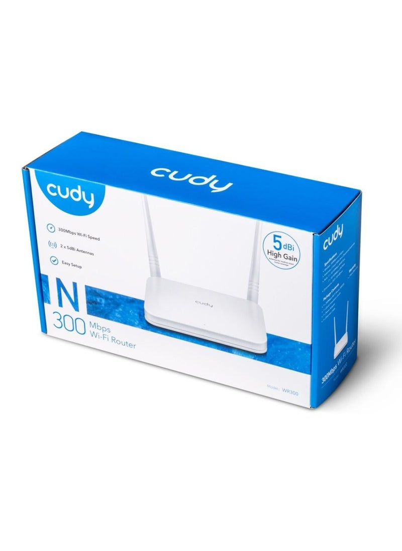 cudy - N300 Wi-Fi Router, Chipset MediaTek, 802.11b/g/n,300Mbps at 2.4GHz, 4 × 10/100Mbps Ports, 2 × 5dBi  fixed antennas, WiFi router/AP/ Repeater/WISP Mode, Guest network, WPS, DDNS, VPN Client, IPv6, Cudy  APP - Image 1