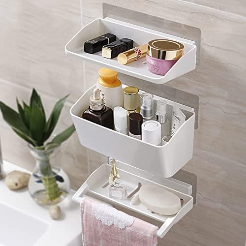 DHAVAL Self-Adhesive Wall Mounted 3-Tier Bathroom Organizer Storage Shelf with Towel Hanger - Rust-Proof Plastic, Waterproof Shelves for Kitchen, Bedroom, and Bathroom (22.5x12.5x10.5 cm) - Image 1