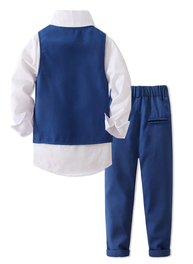 Kimocat Boys' 4-Piece Formal Suit Set Dress Shirt Vest Pants and Tie Wedding Birthday Party Suit (as1, age, 4_years, Blue) - Image 2