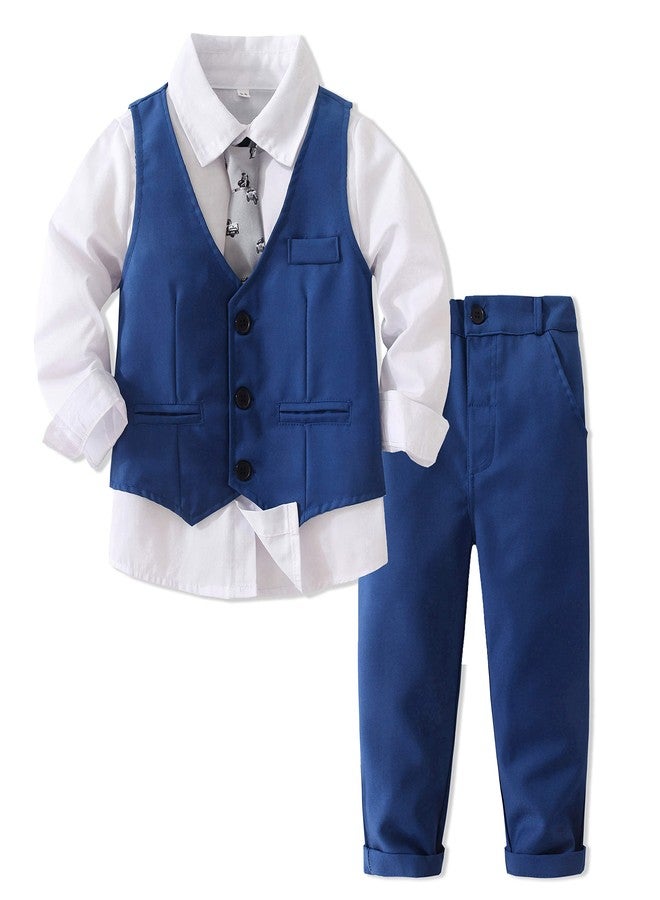 Kimocat Boys' 4-Piece Formal Suit Set Dress Shirt Vest Pants and Tie Wedding Birthday Party Suit (as1, age, 4_years, Blue) - Image 1