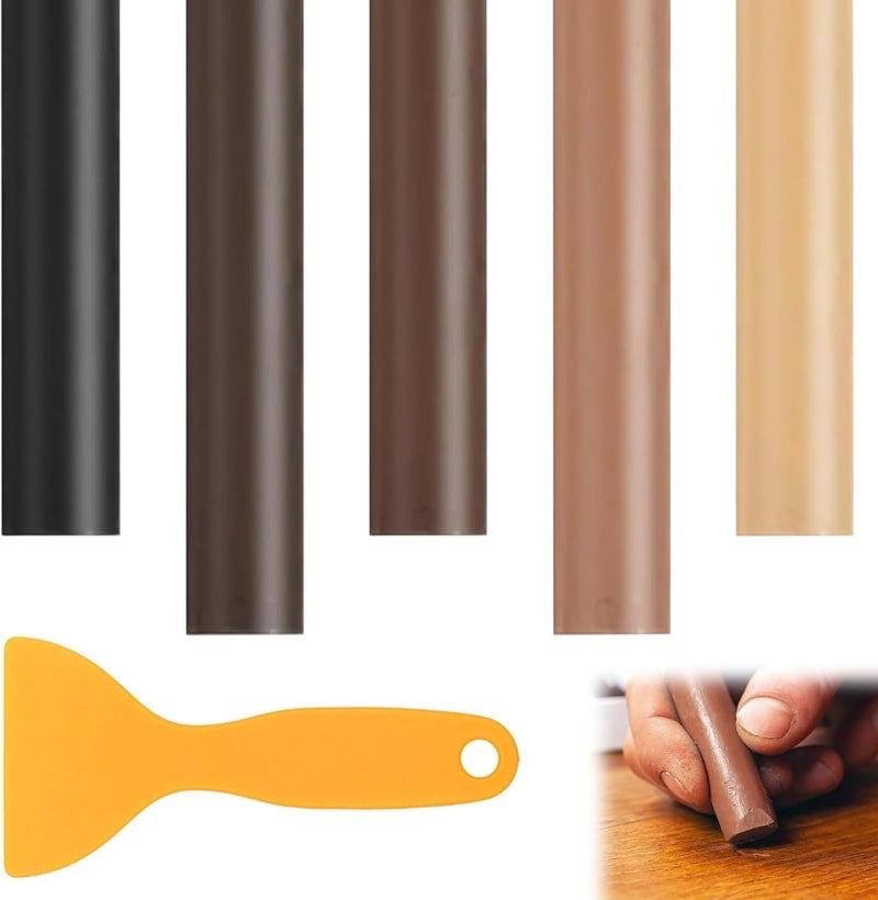 fashion mania 5Pcs Wax Filler Wood Repair Sticks with Scraper, Laminate Worktop & Floor Repair Kit, for Wooden Furniture, Laminate Flooring, Tables, Doors, Guitars – Fix Scratches, Holes & Stains - Image 1