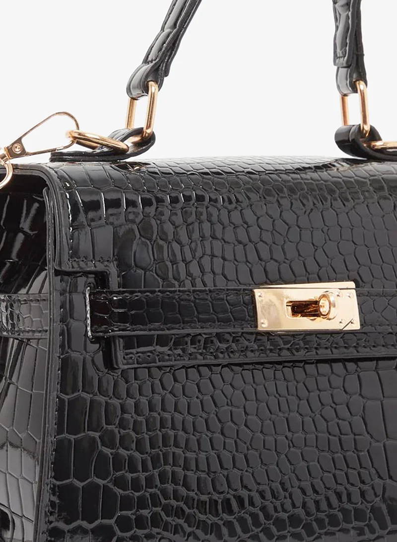 Styli Women Black Croc Textured Handbag