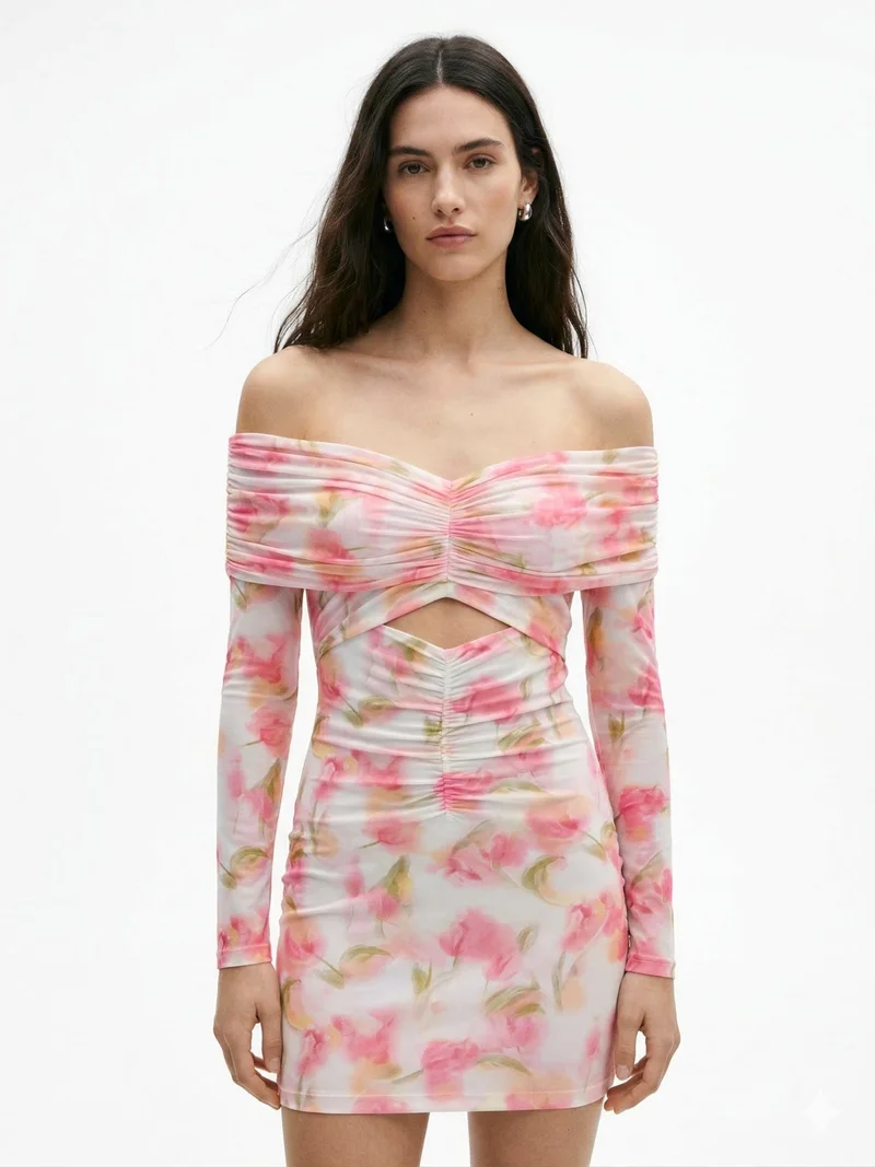 Multi Blurred Floral Cut-Out Mini Dress
