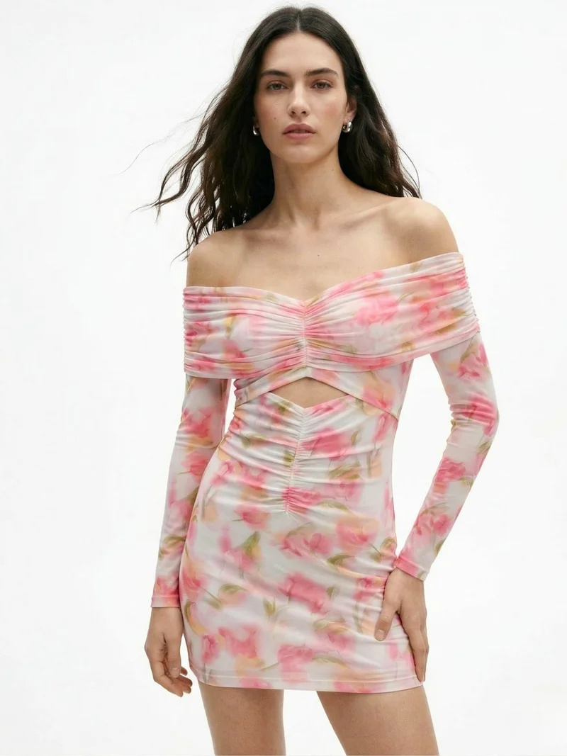 Outzidr  Multi Blurred Floral Cut-Out Mini Dress for Women | Best Price UAE