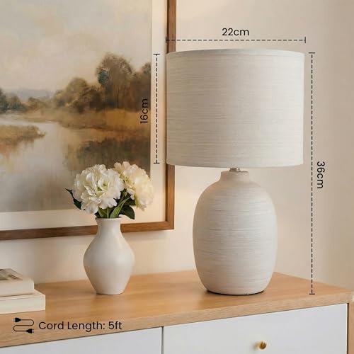 Decor & More Modern Ceramic Base Bedside LED Table Lamp | Table Lamps For Home Decoration And Bedroom Decor With On/Off Button | Night Lamp With Cotton Fabric Shade Bulb Not Included, Off White - Image 2