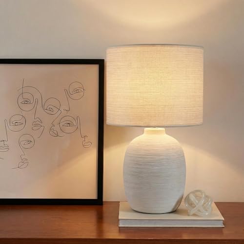 Decor & More Modern Ceramic Base Bedside LED Table Lamp | Table Lamps For Home Decoration And Bedroom Decor With On/Off Button | Night Lamp With Cotton Fabric Shade Bulb Not Included, Off White - Image 3