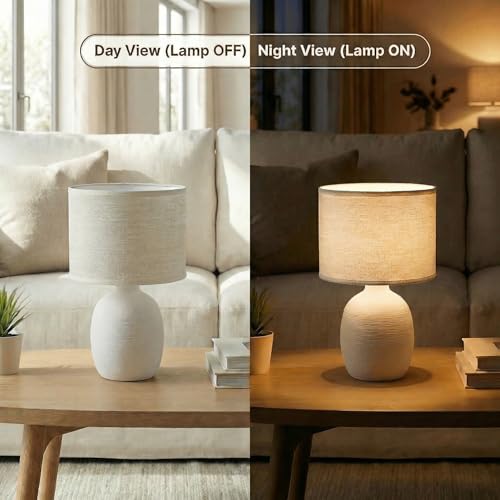 Decor & More Modern Ceramic Base Bedside LED Table Lamp | Table Lamps For Home Decoration And Bedroom Decor With On/Off Button | Night Lamp With Cotton Fabric Shade Bulb Not Included, Off White - Image 5