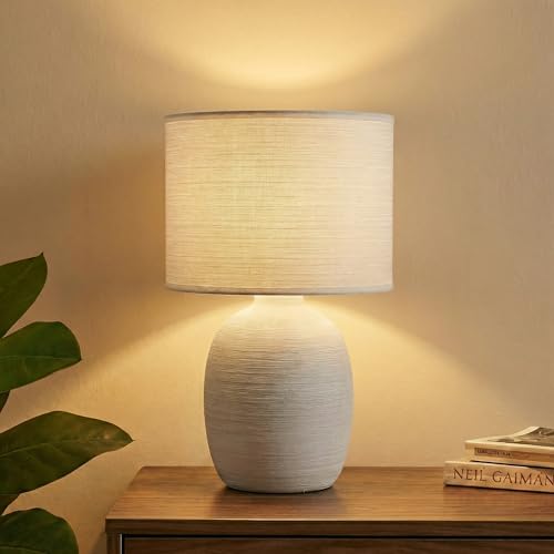 Decor & More Modern Ceramic Base Bedside LED Table Lamp | Table Lamps For Home Decoration And Bedroom Decor With On/Off Button | Night Lamp With Cotton Fabric Shade Bulb Not Included, Off White - Image 1