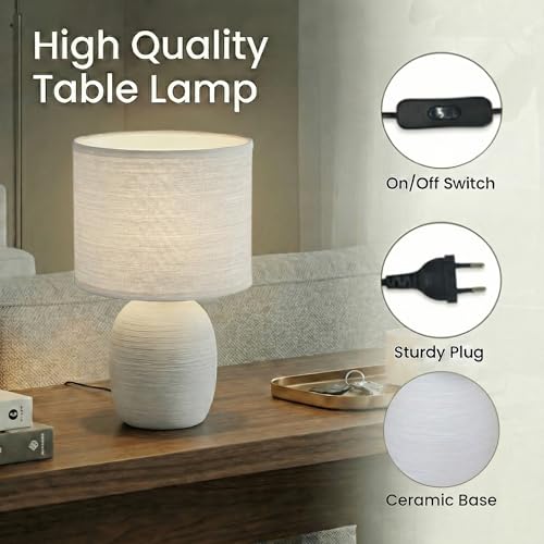 Decor & More Modern Ceramic Base Bedside LED Table Lamp | Table Lamps For Home Decoration And Bedroom Decor With On/Off Button | Night Lamp With Cotton Fabric Shade Bulb Not Included, Off White - Image 4