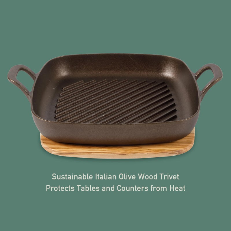 Bloomhouse - Two Time Oprah's Favorite Things Winner - Natural Bronze Finish 12" Square Cast Iron Grill Pan â€“ Olive Oil Treated Surface w/Dual Handles & Olive Wood Trivet, Oven Grill Campfire Safe - Image 5