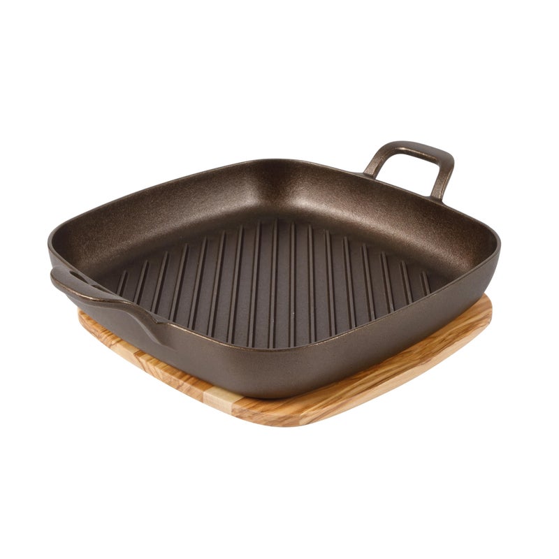 Bloomhouse - Two Time Oprah's Favorite Things Winner - Natural Bronze Finish 12" Square Cast Iron Grill Pan â€“ Olive Oil Treated Surface w/Dual Handles & Olive Wood Trivet, Oven Grill Campfire Safe - Image 1
