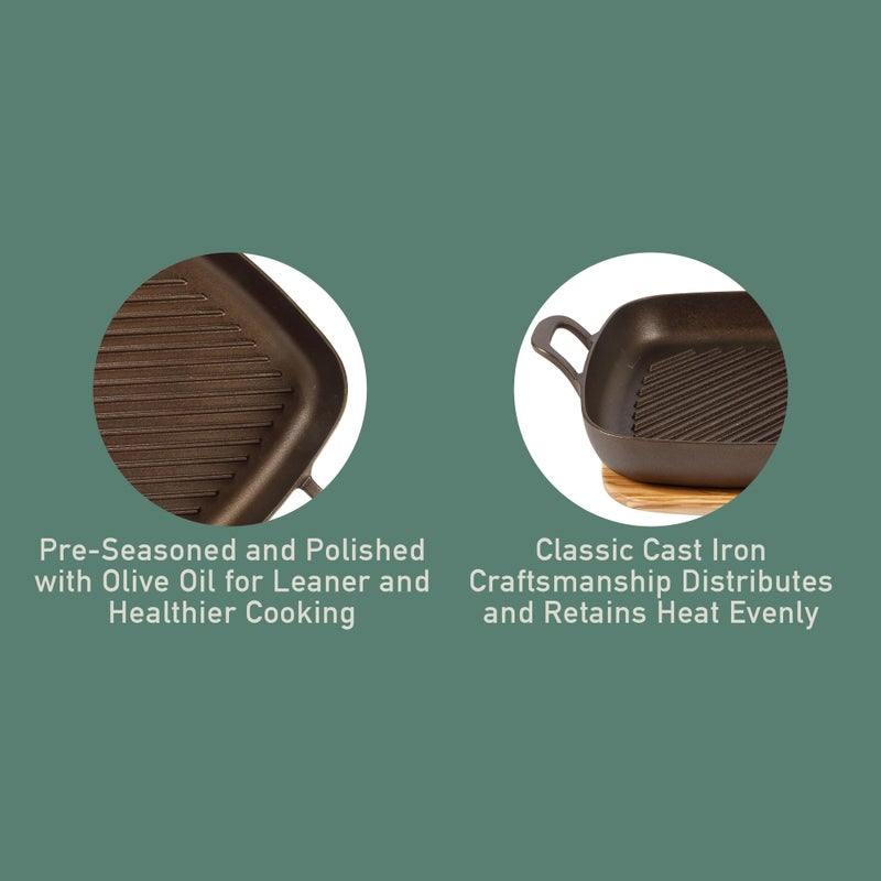Bloomhouse - Two Time Oprah's Favorite Things Winner - Natural Bronze Finish 12" Square Cast Iron Grill Pan â€“ Olive Oil Treated Surface w/Dual Handles & Olive Wood Trivet, Oven Grill Campfire Safe - Image 3