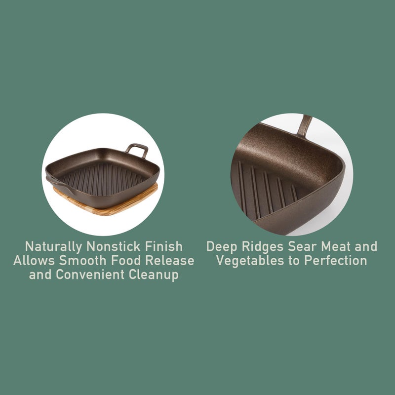 Bloomhouse - Two Time Oprah's Favorite Things Winner - Natural Bronze Finish 12" Square Cast Iron Grill Pan â€“ Olive Oil Treated Surface w/Dual Handles & Olive Wood Trivet, Oven Grill Campfire Safe - Image 4