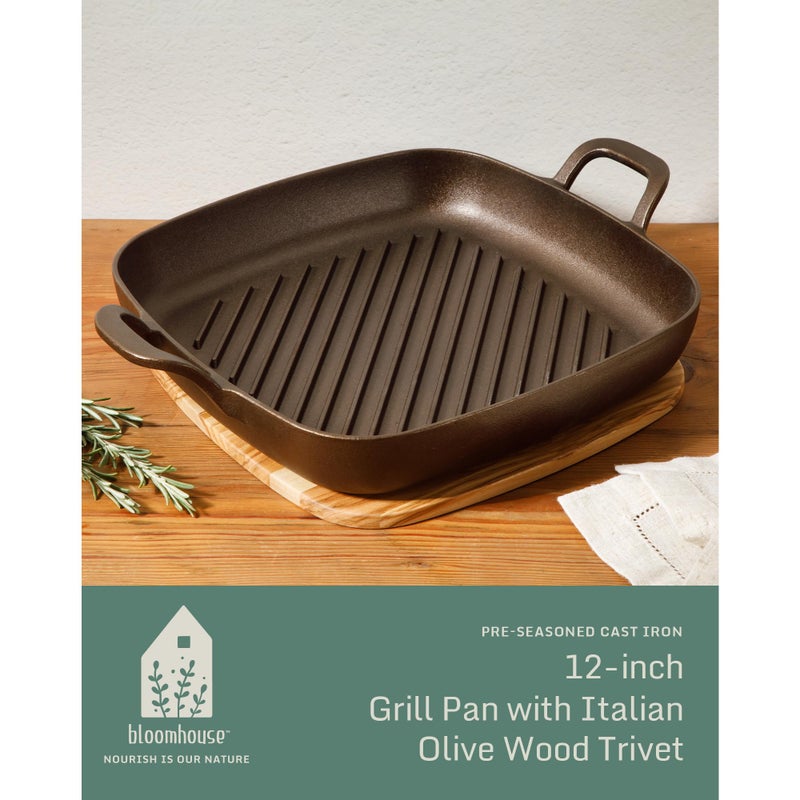 Bloomhouse - Two Time Oprah's Favorite Things Winner - Natural Bronze Finish 12" Square Cast Iron Grill Pan â€“ Olive Oil Treated Surface w/Dual Handles & Olive Wood Trivet, Oven Grill Campfire Safe - Image 2