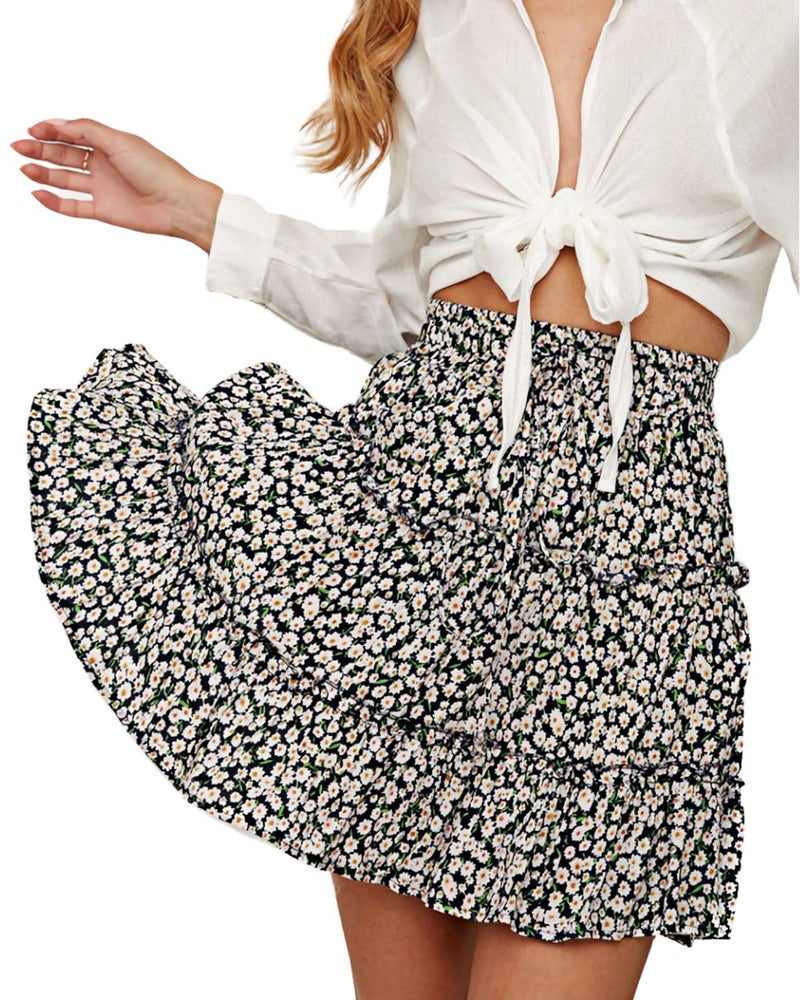 Alelly Women's Summer Cute High Waist Ruffle Skirt Floral Print Swing Beach Mini Skirt Navy - Image 1